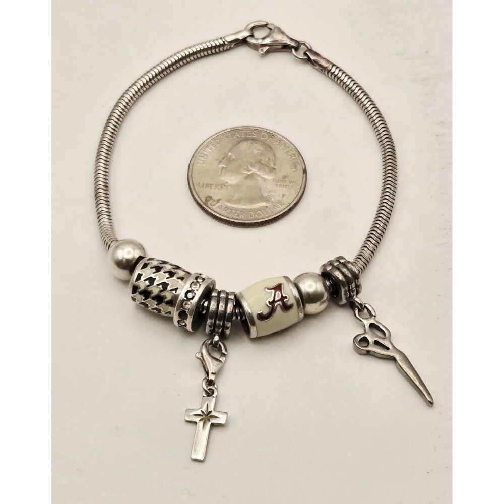 Sterling Silver 925 Alabama Crimson Tide Charm Bracelet Houndstooth 21.12g